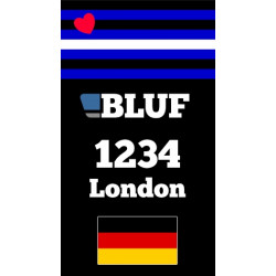 "Leather Pride" sliders with BLUF number, city and country flag